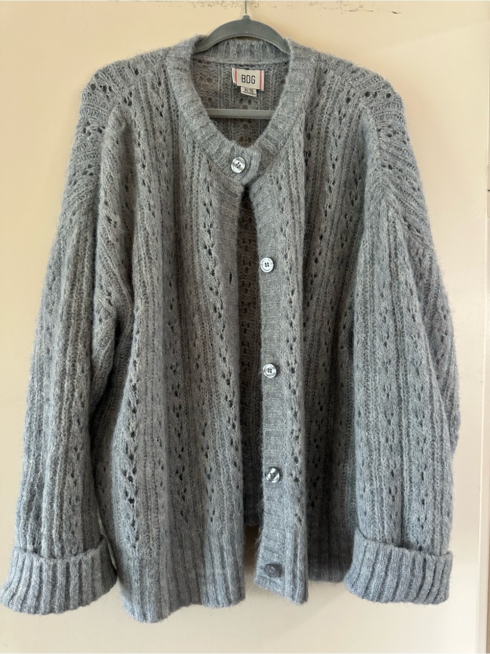 BDG Light Gray Open-Knit Button Front Cardigan